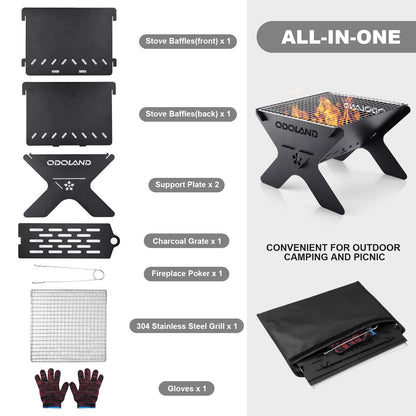 Odoland Camping Fire Pit, Portable Fire Pit for Camping, 2 in 1 Wood Burning Fire pit Grill with Detachable Cooking Grate for Outdoor BBQ, with Carry Bag