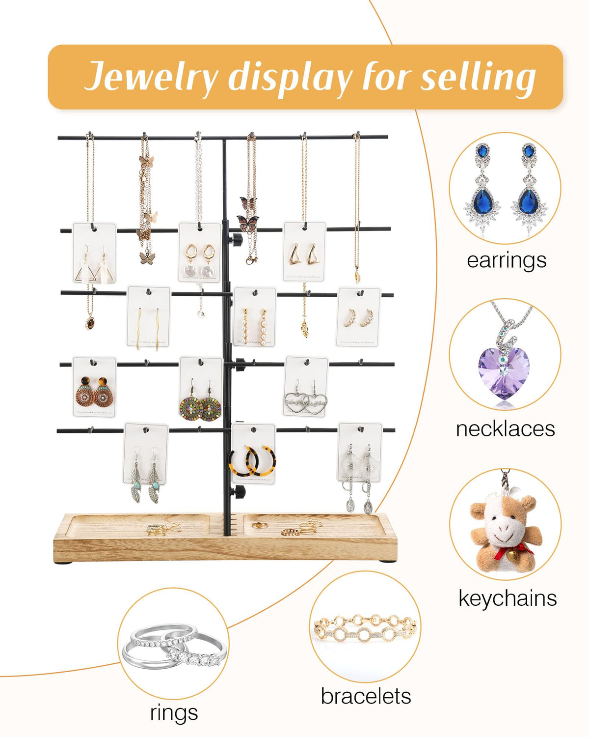 HULISEN Earring Display for Vendors, Adjustable Height Earring Display Stands for Selling, Jewelry Display for Earrings Card, Earrings Rack Display Holder with Tray, 30 Hooks, Carbonized Brown
