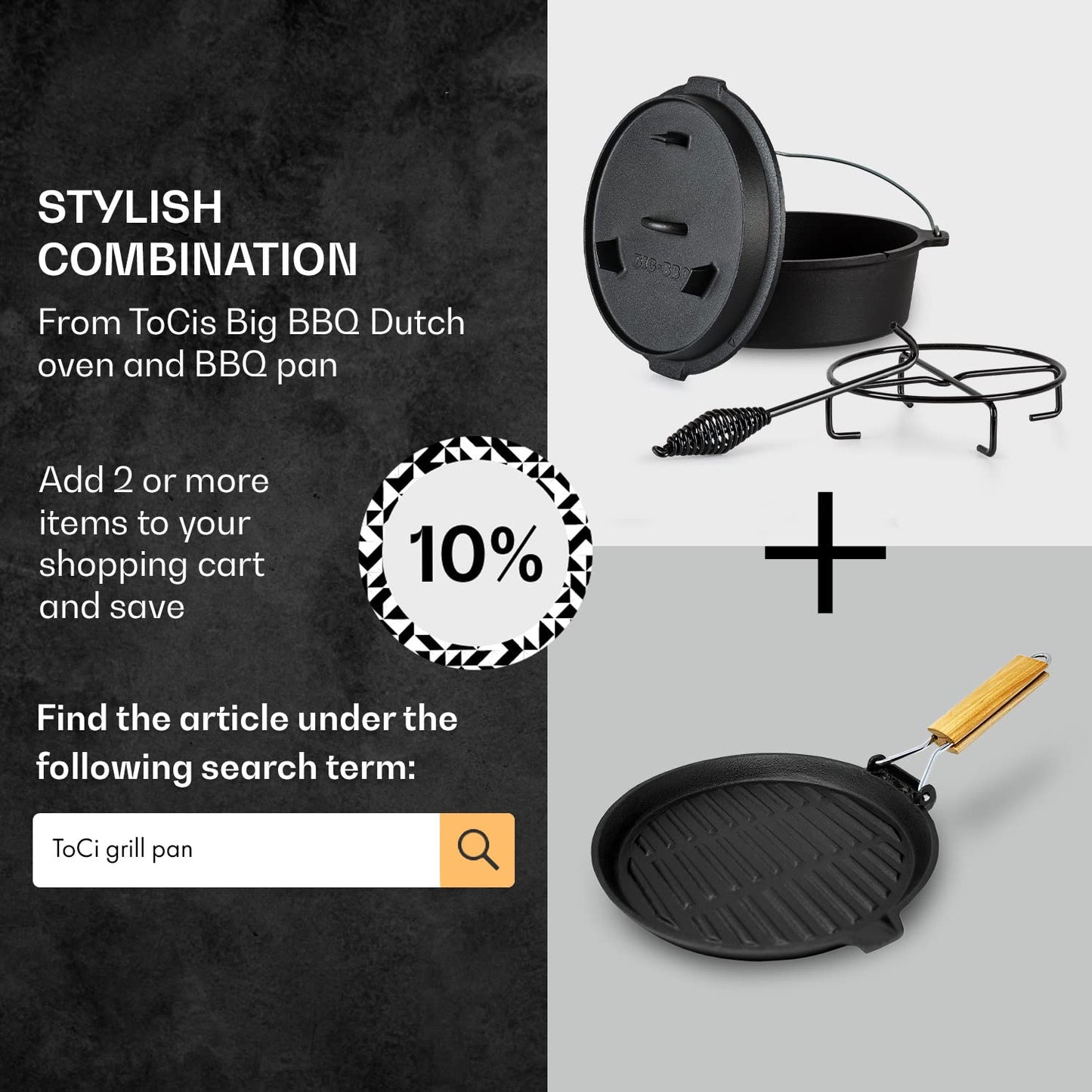 ToCis Big BBQ 7.3L Pre-seasoned Dutch Oven & Cast Iron Skillet Lid, Cast Iron Pot for Casserole Dishes with Lids, Oven Proof Crock Pot, Leakproof BBQ Camping Oven