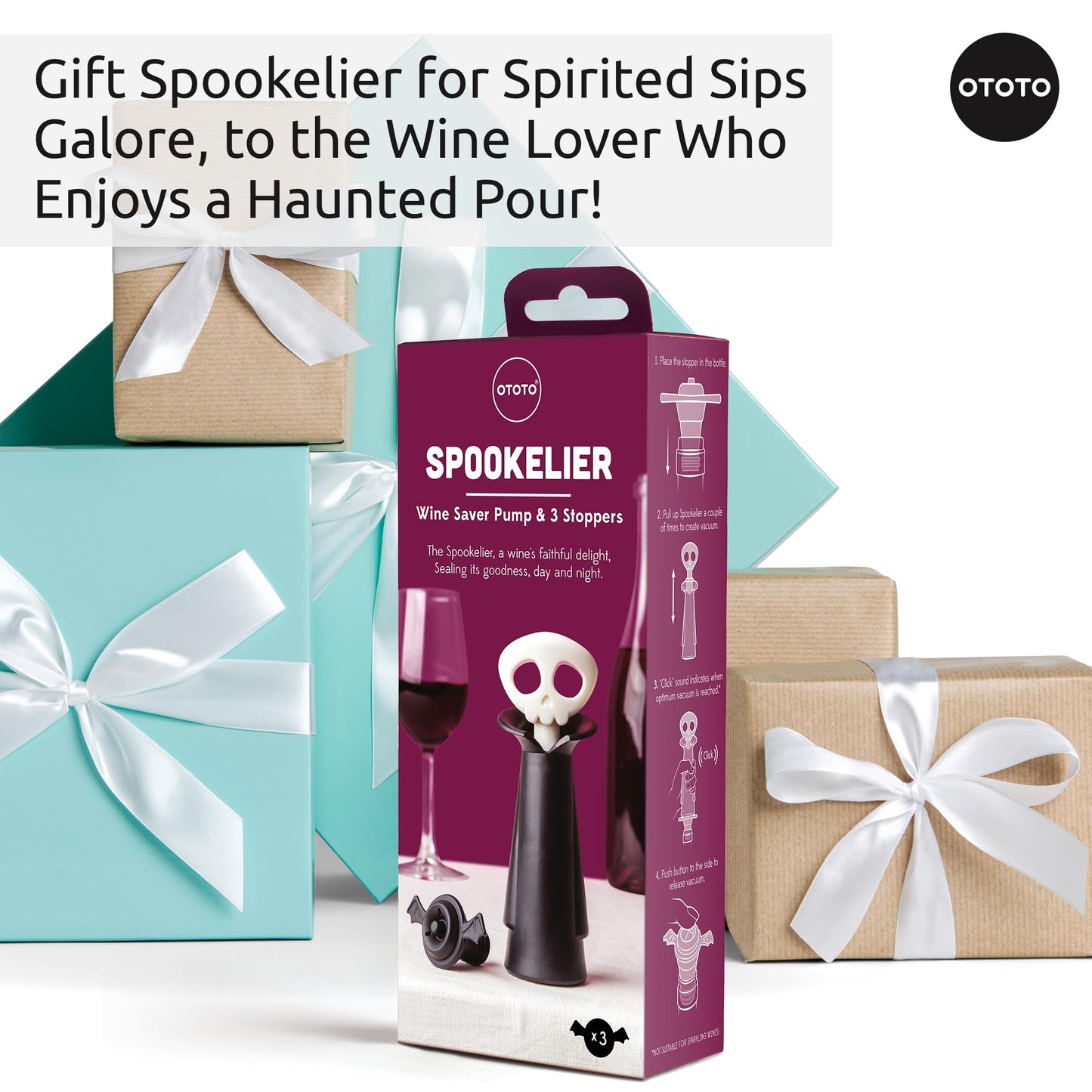 OTOTO New Spookelier Wine Saver Pump and 3 Wine Stopper - Wine Bottle Stoppers for Wine Bottles, Wine Stoppers Vacuum, Spooky Goth Accessories, Fun Skull Halloween Goth Kitchen, Goth Gifts Gadgets