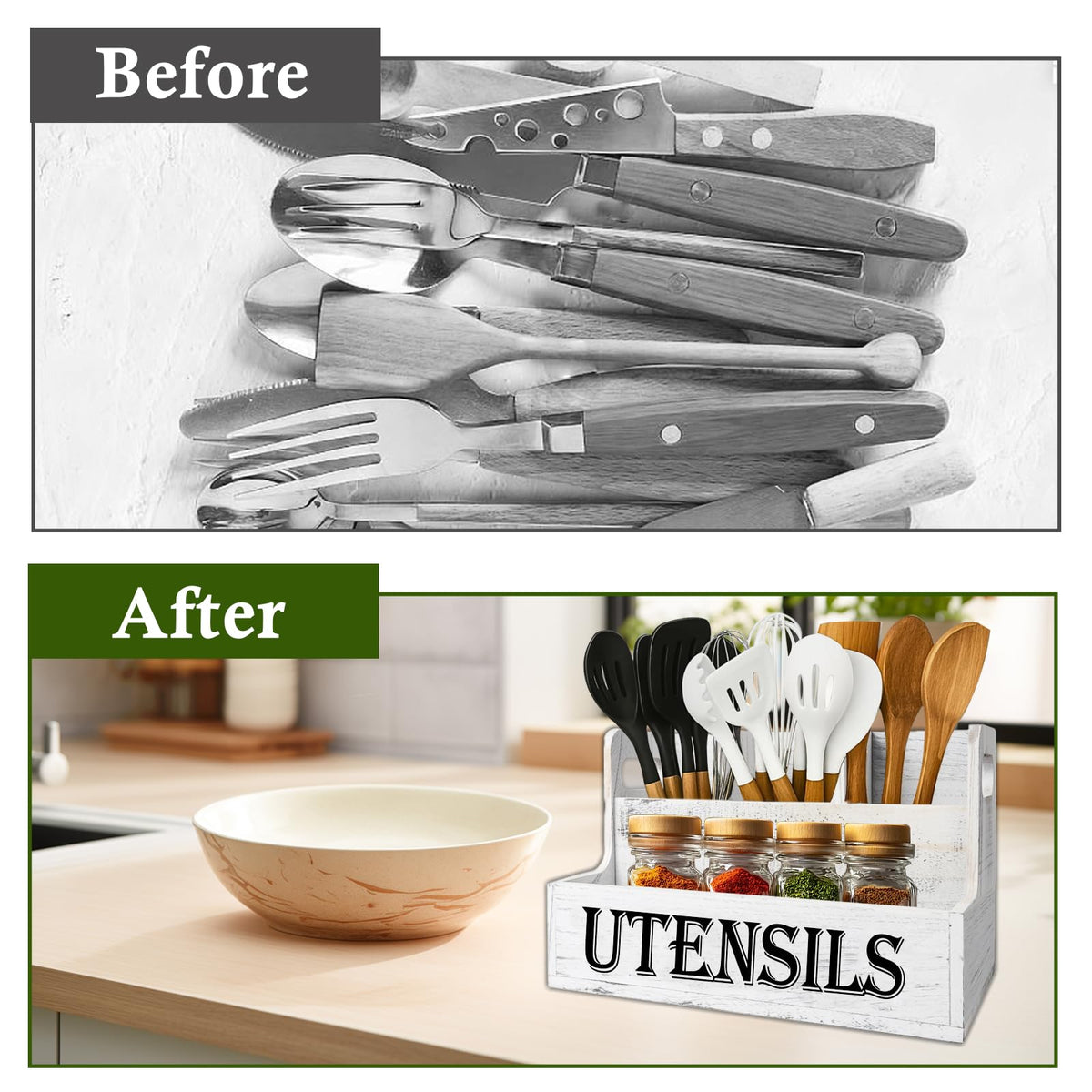 Gachiwar Utensil Holder, Extra Large Kitchen Utensils Holder with 4 Compartments, Wooden Utensil Organizer for Kitchen Countertop, Farmhouse Decor, Rustic Cooking Utensils