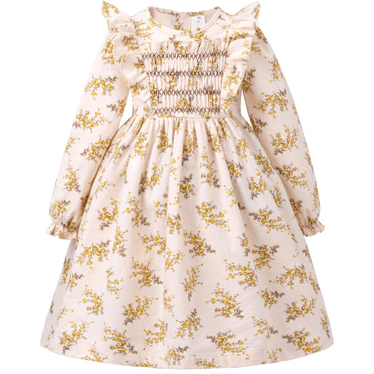 KOGWER Toddler Girl Clothes 4T Long Sleeve Smocked Dress Vintage Brown Floral Dress Spring Dresses Toddler Girl Easter Outfit