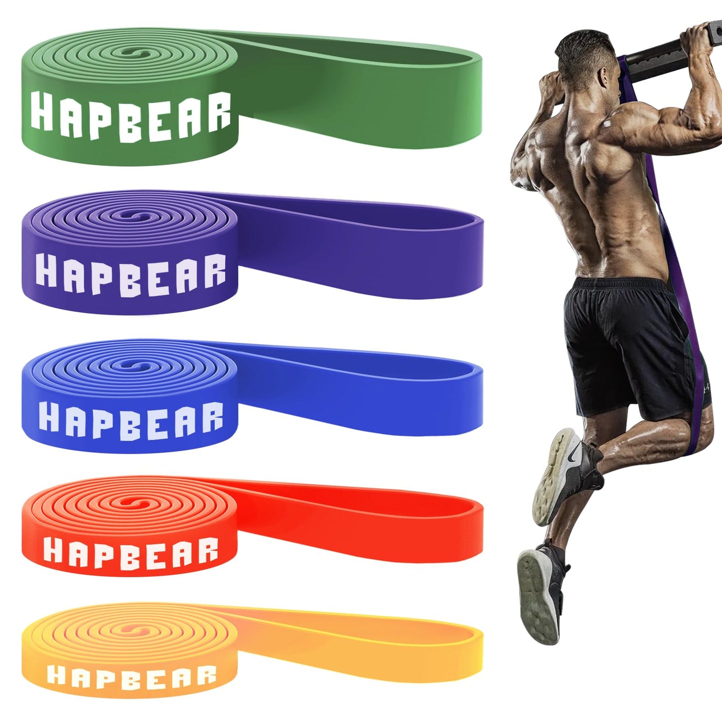 HAPBEAR Pull Up Assistance Bands Set of 5 - Resistance Bands for Working Out, Stretching, Physical Therapy, Muscle Training
