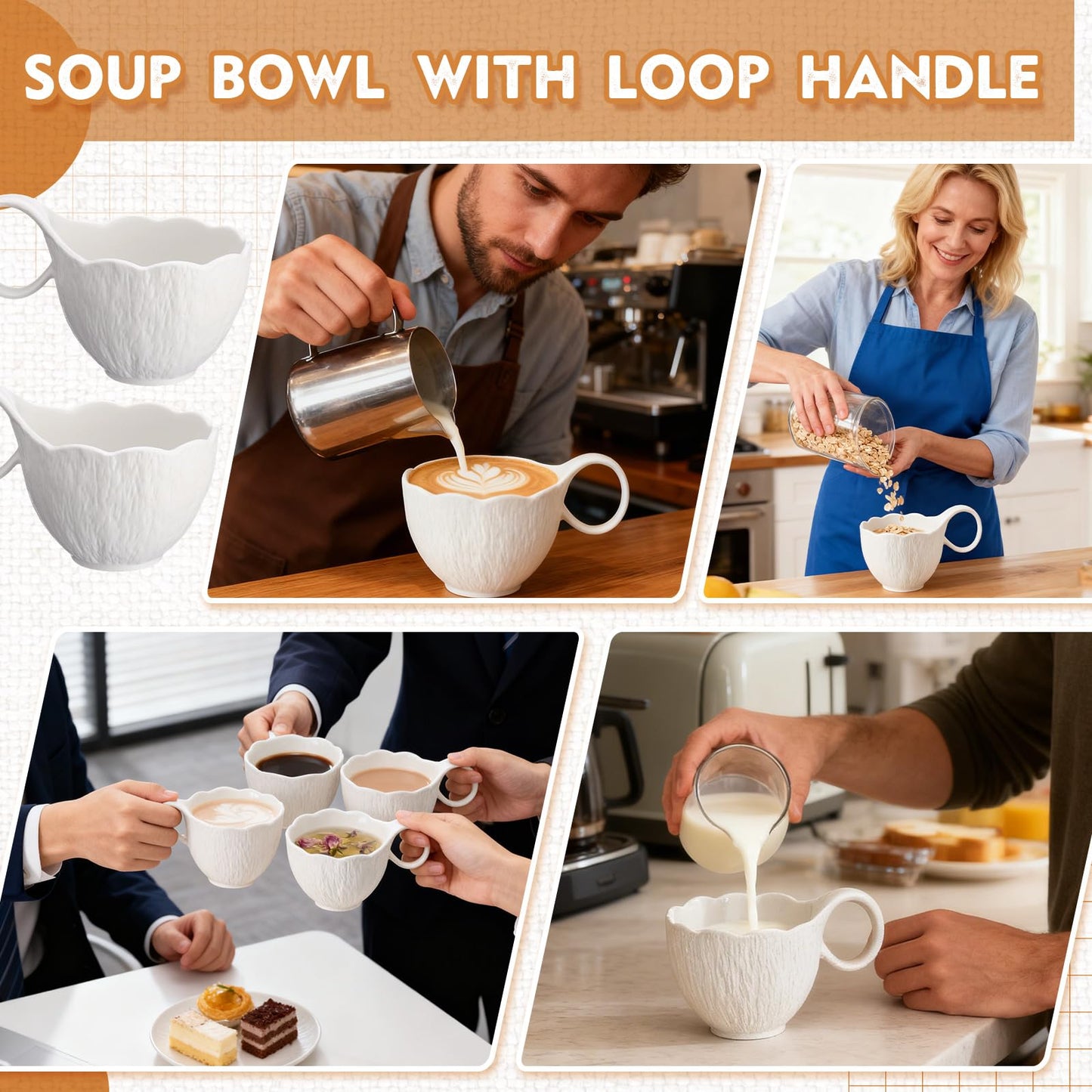 Ferrochef 2 Pack 16.9oz Soup Bowls with Loop Handle, White Stone Texture Ceramic Microwave and Dishwasher Safe Bowls, Matte Frosted Mug for Hot Soups, Chilled Desserts, Oatmeal, Yogurt, Coffee, Milk