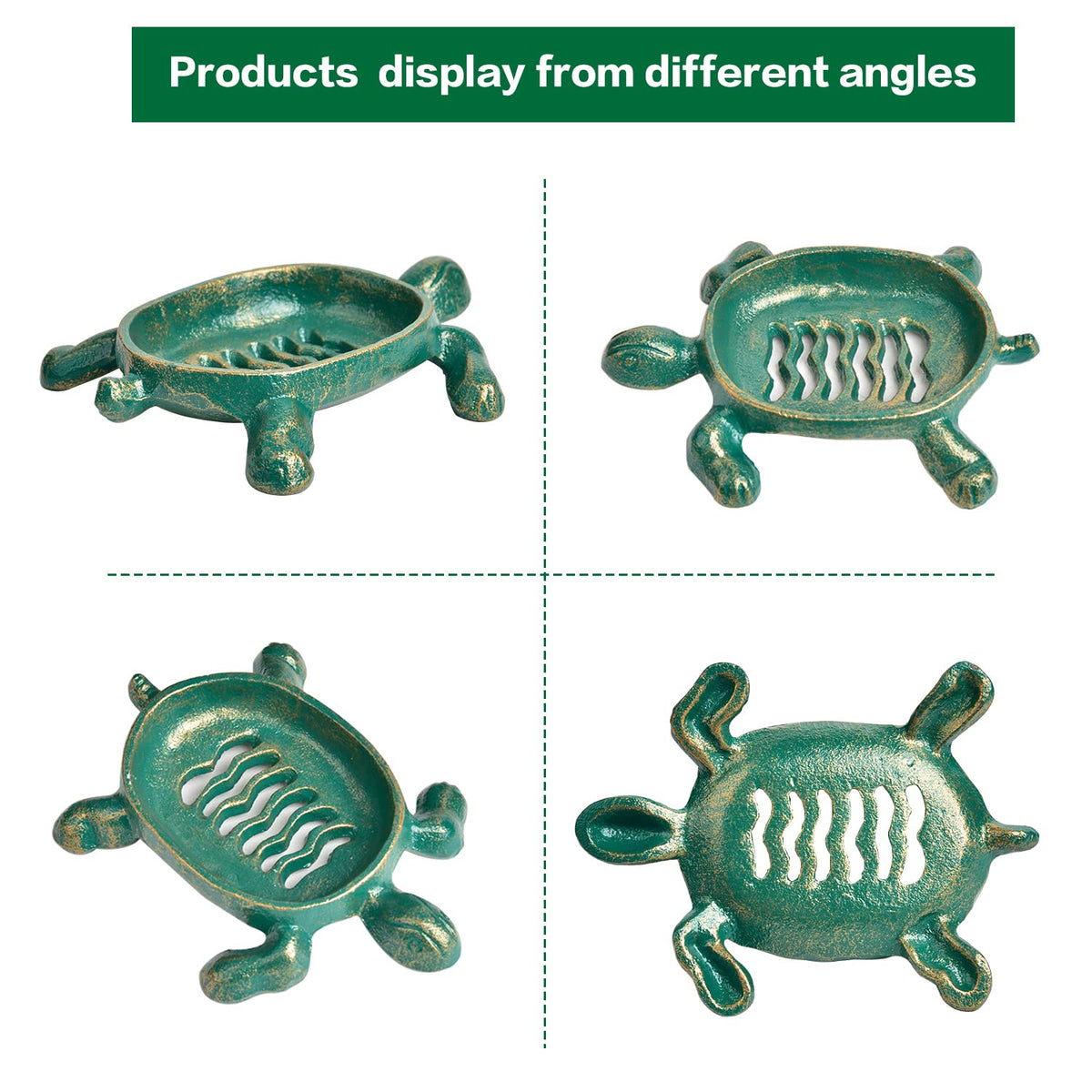 Sungmor Heavy Duty Cast Iron Drainable Soap Holder - Lovely Tortoise Shaped & Antique Green & Gold Finish - Kitchen Bathroom Sink Soap Dish Tray - Practical & Decorative Tabletop Soap Box Container