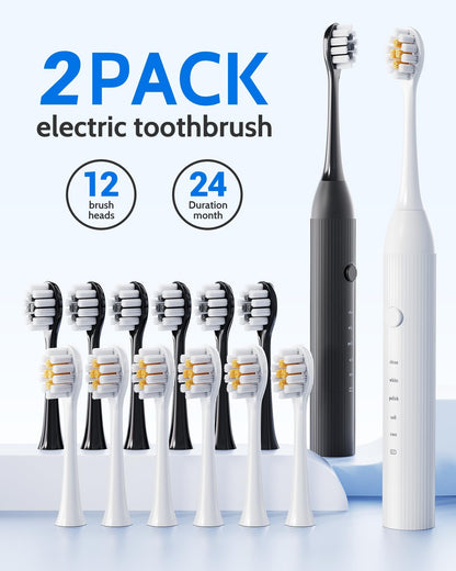 2 Pack Electric Toothbrush for Adults and Kids - Rechargeable Kids Ages 12+ and Adults with 12 Brush Heads & 2 Electric Toothbrush, 90 Days Battery Life - Black and White