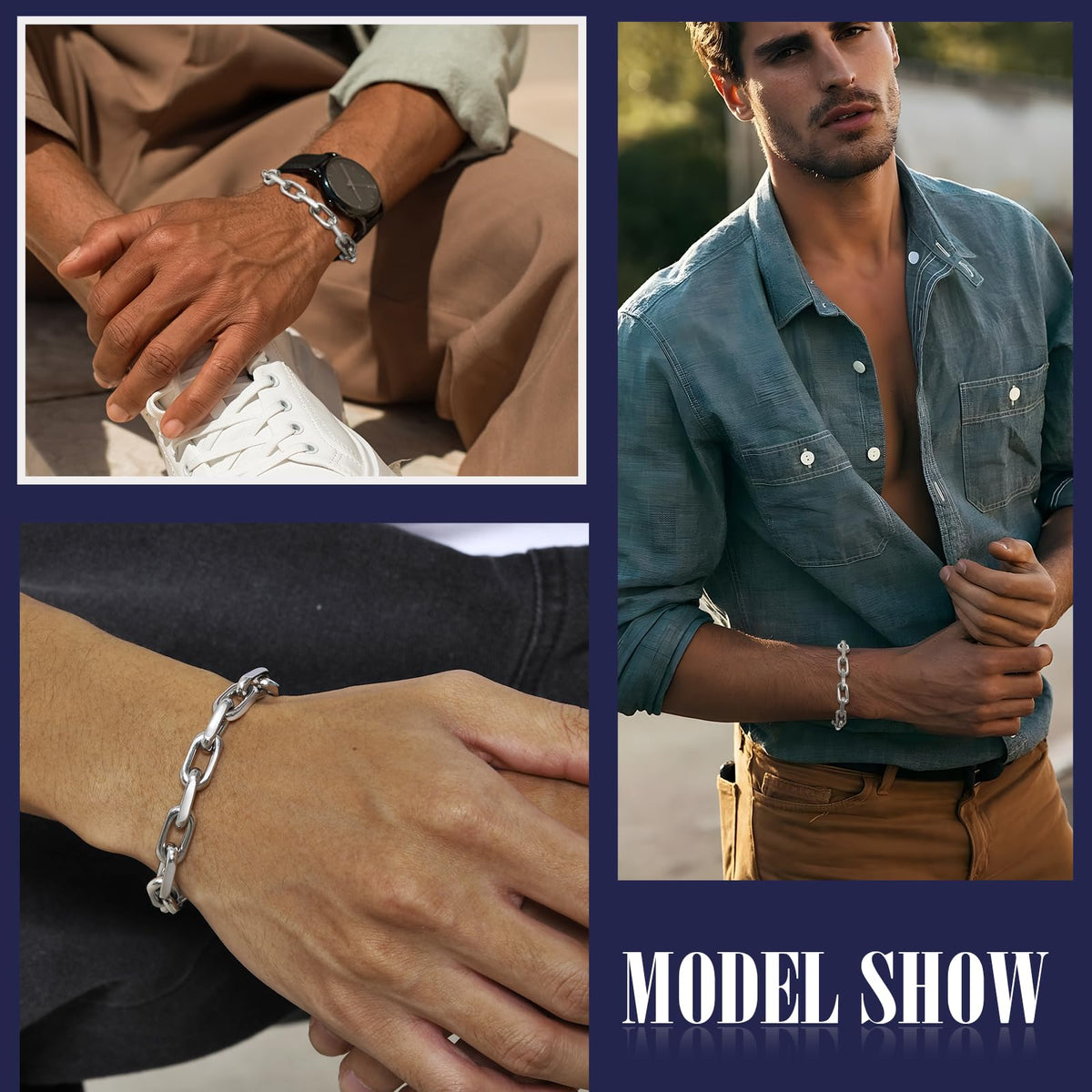 VNOX Link Chain Bracelets for Men - Cool Mens Bracelets Diamond-Cut Paperclip Solid Chain Bracelet Chunky Stainless Steel Jewelry Trendy Gifts (Silver, 7.5)