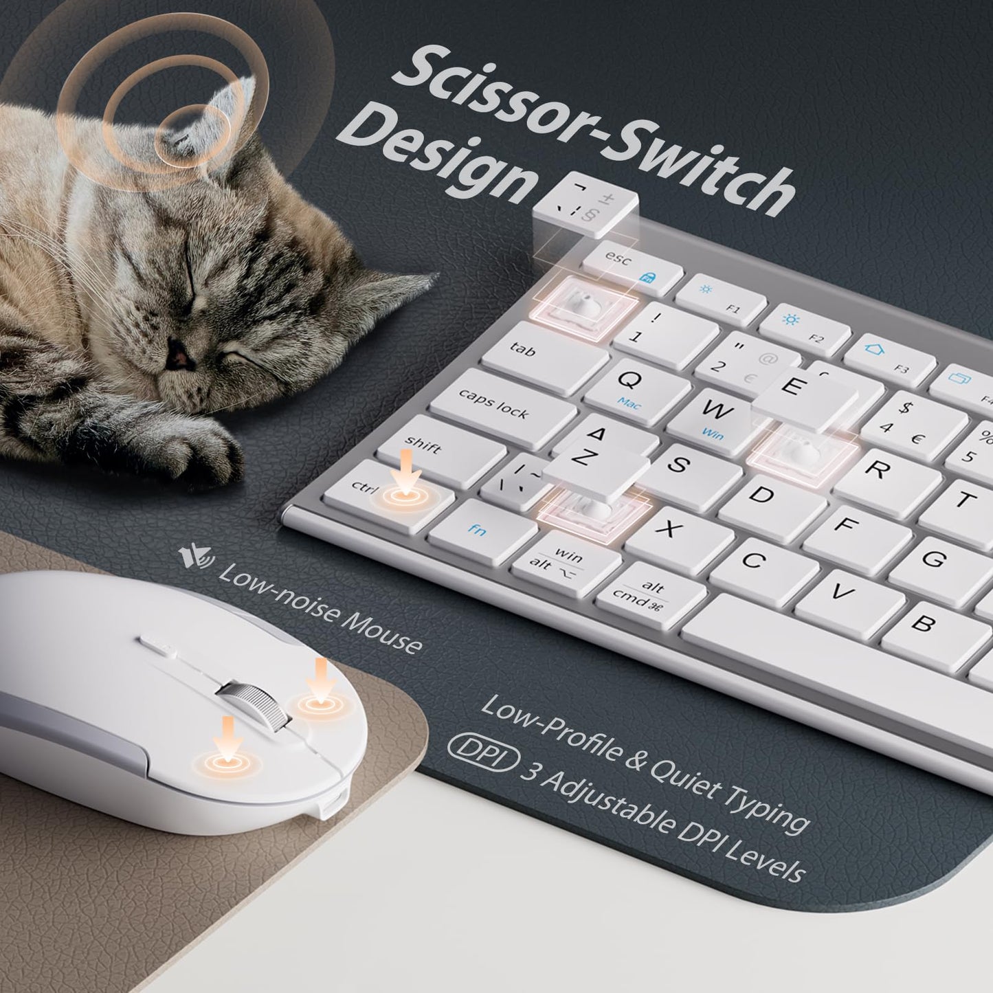 iClever GK03 Wireless Keyboard & Mouse Combo for Mac & Windows, 2.4G Rechargeable Wireless Keyboard Mouse, Silent Keys, Full Size, Portable Slim Ergonomic Design, QWERTY UK Layout, Silver and White
