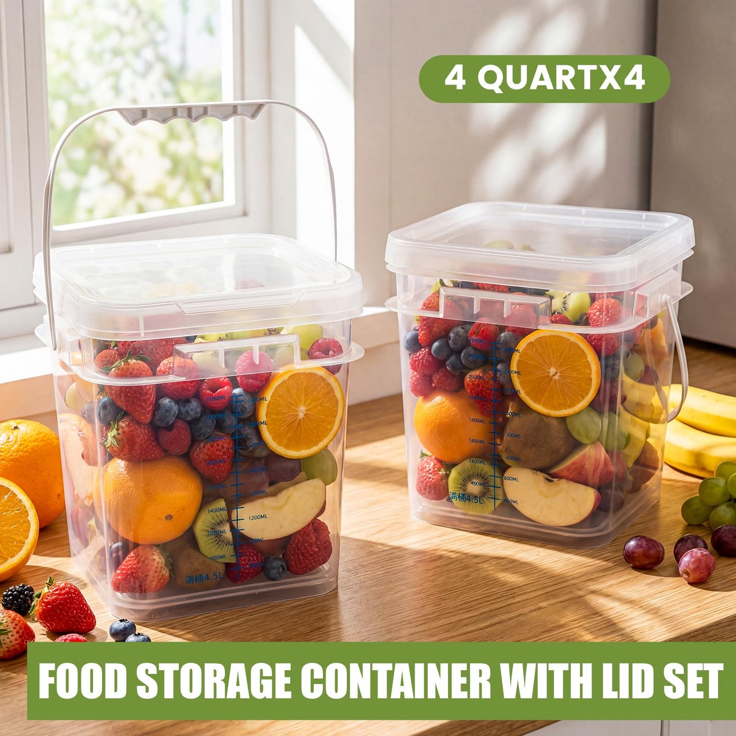 LemonRoad 4 Pcs Clear Square Bucket with Lid 1 Gallon Graduated Pail Container Food Grade Buckets for Cleaning Plastic Pails with Grip Handles for Kitchen Meal Prep Snack Rice Flour Pet Food, 4 Qt