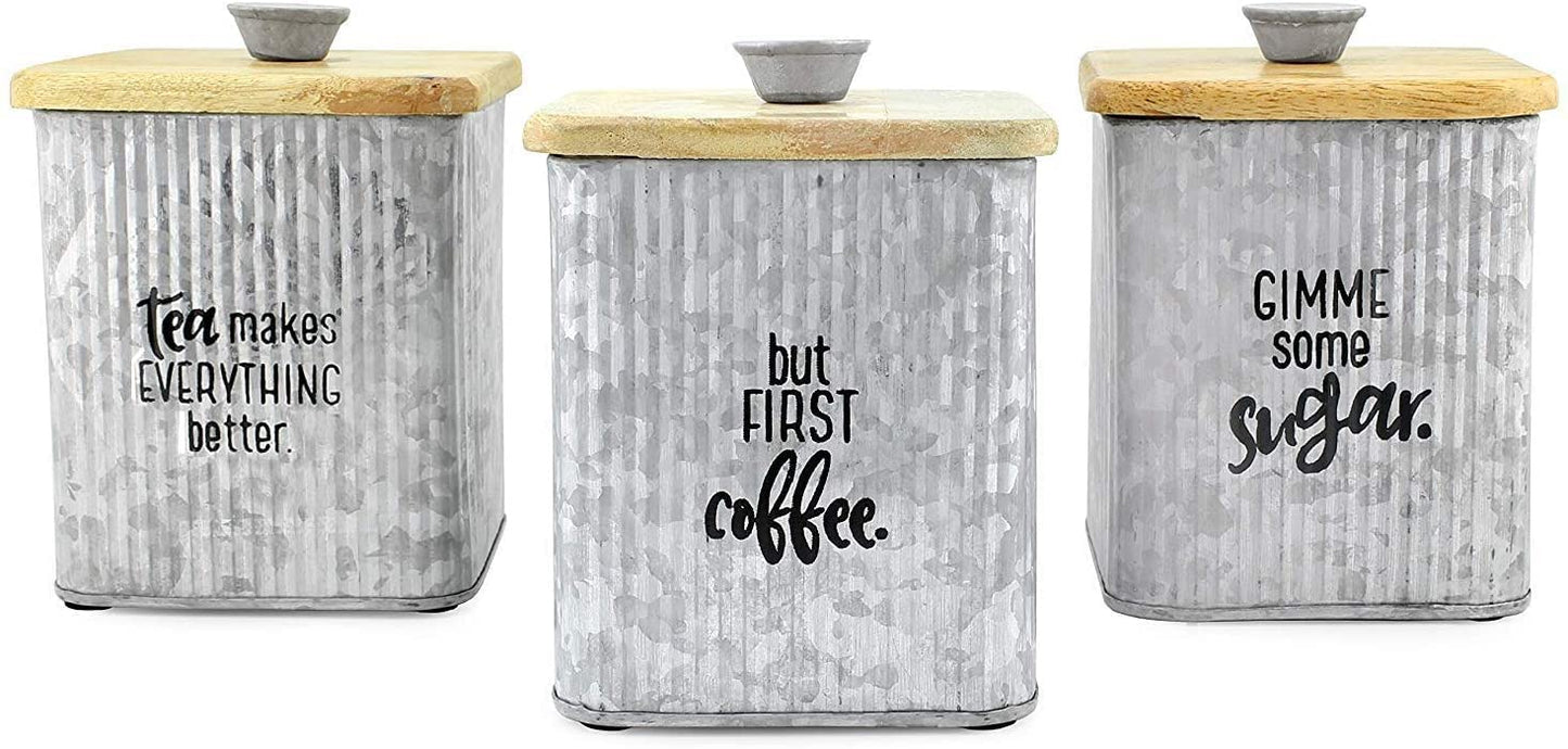 AuldHome Design Farmhouse Galvanized Canisters (Set of 3); Storage Containers for Coffee, Tea and Sugar in Galvanized Iron and Wood Design