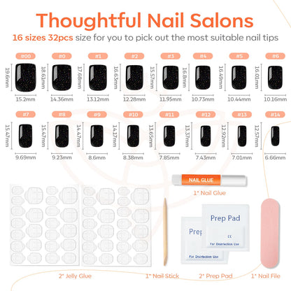 Modelones 32Pcs Sparkle Black Press on Nails, Glitter Short Fall HalloweenSquare Fake Nails, Reusable Nail Kit with Nail Glue Adhesive Tabs Mini Nail File, Nails Press Ons 16 Sizes