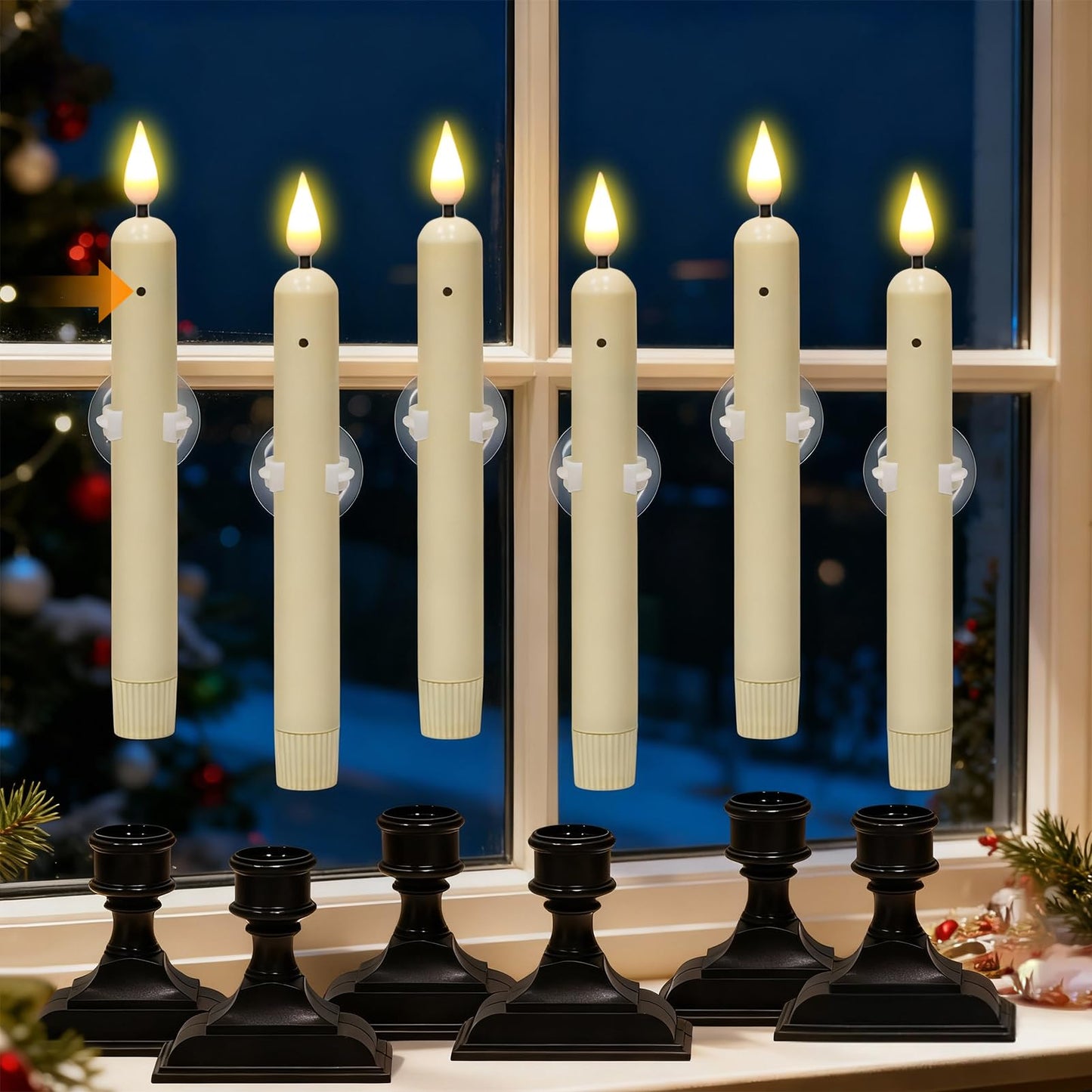 KunSwenn Window Candles with Sensor Dusk to Dawn, Christmas Battery Operated Window Candles with Black Holder and Suction Cup, LED Flameless Taper Candlesticks for Home Decorations (Ivory, Set of 6)
