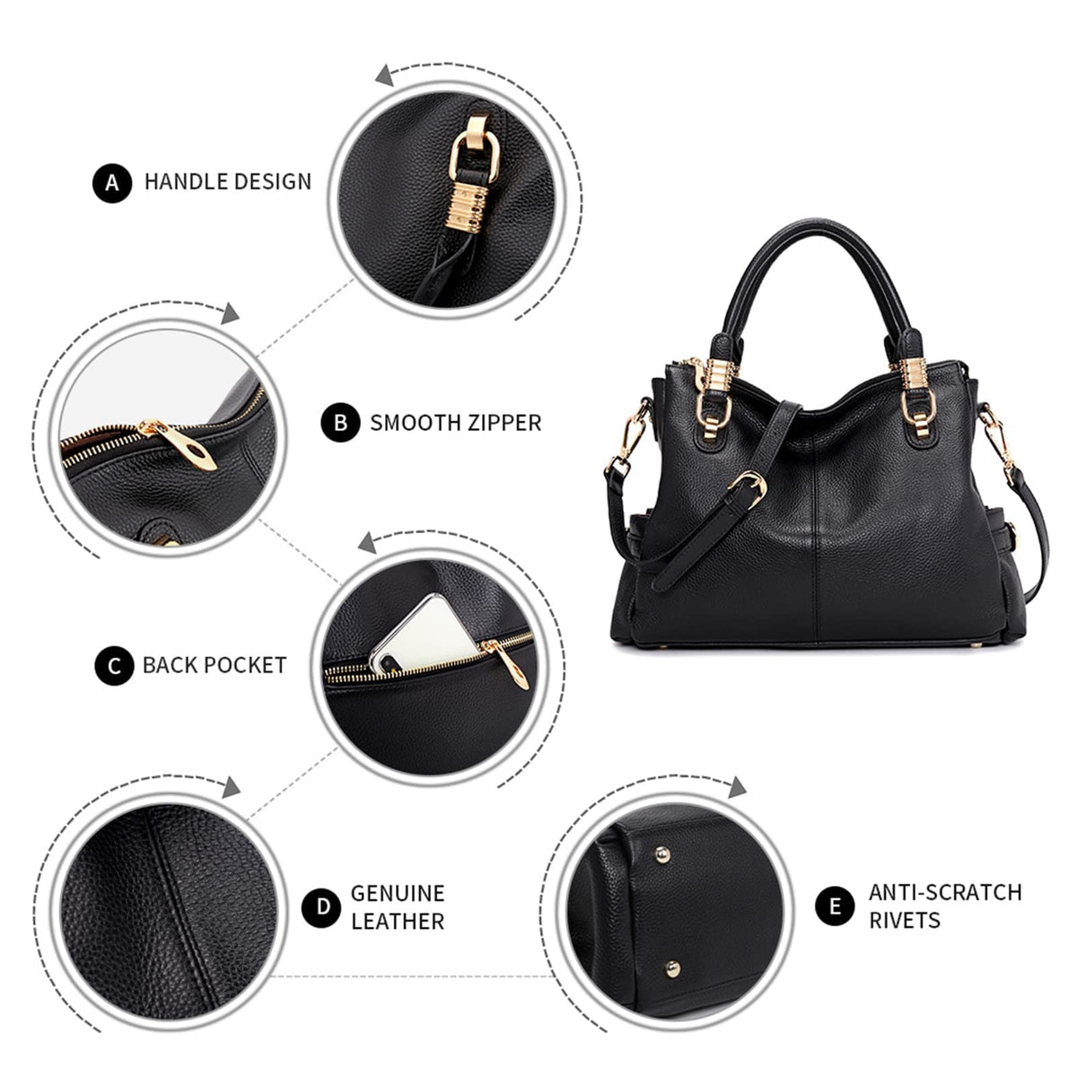Kattee Soft Women Genuine Leather Purses and Handbags Satchel Tote Shoulder Bag (Black)