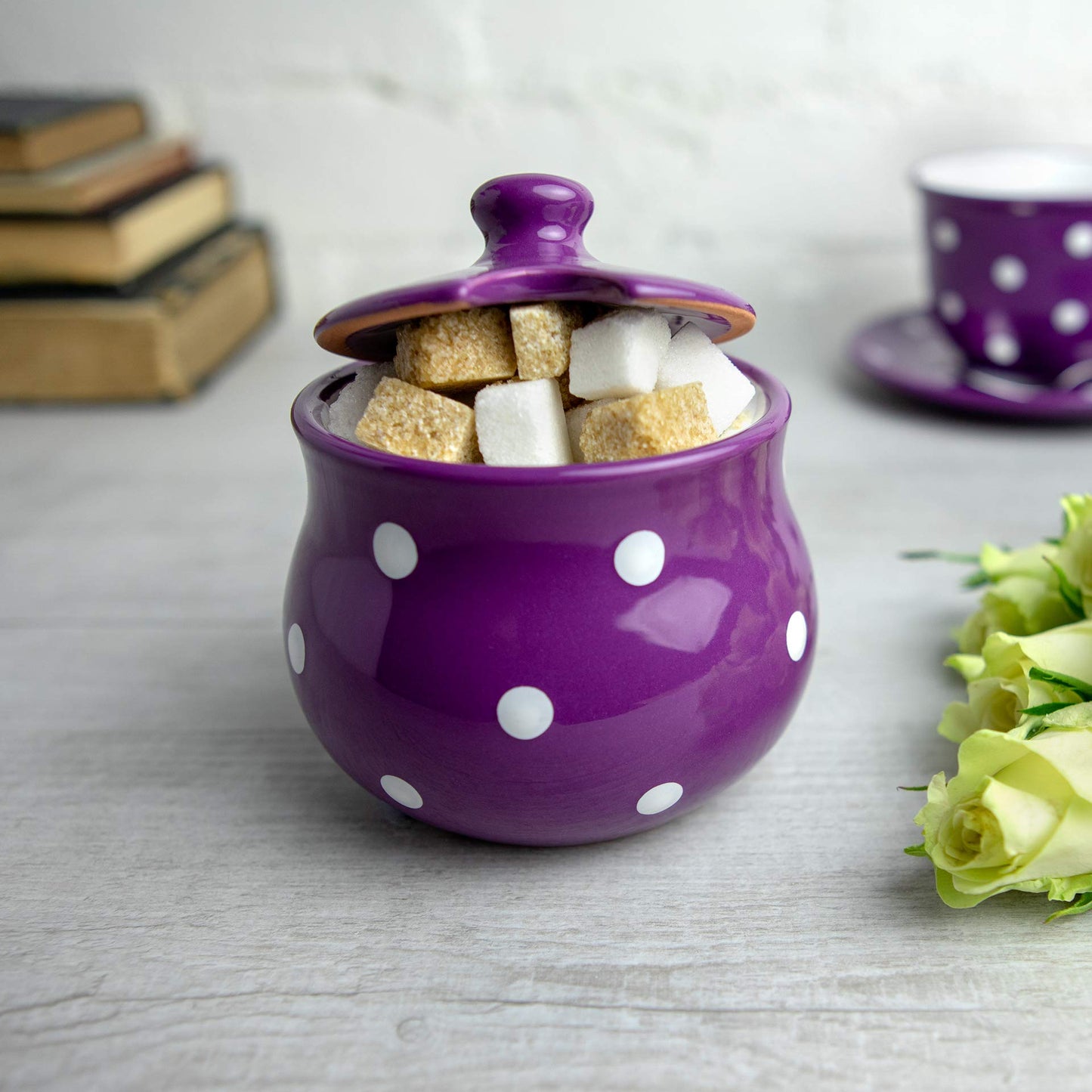City to Cottage Ceramic Sugar Bowl with Lid, 10oz Sugar Contanier for Coffee Bar, Sugar Dispenser Bowl, Salt - Condiment Pot for Kitchen Counter, Handcrafted Purple Polka Dot Sugar Jar