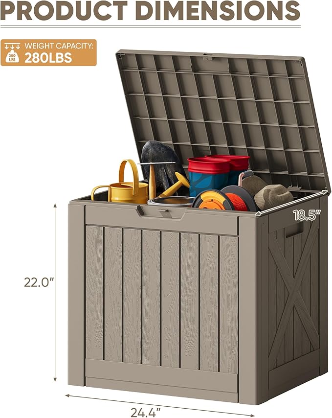 JUMMICO 42 Gallon Deck Box Waterproof, Resin Outdoor Storage Box with Side Handles, Outdoor Storage Benches Lockable for Patio Cushions and Garden Tools (Light Brown)