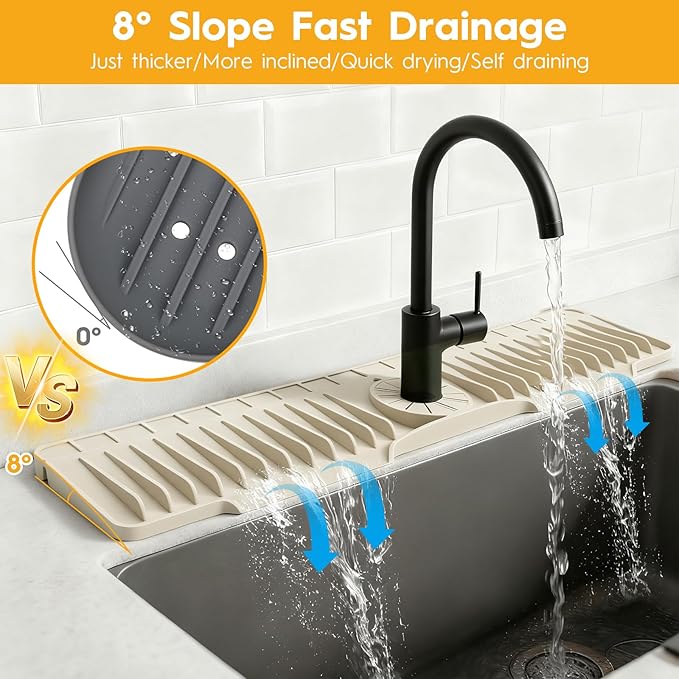 24" Silicone Faucet Mat for Kitchen Sink Released in 2025/12TH, 8° Slope Fast