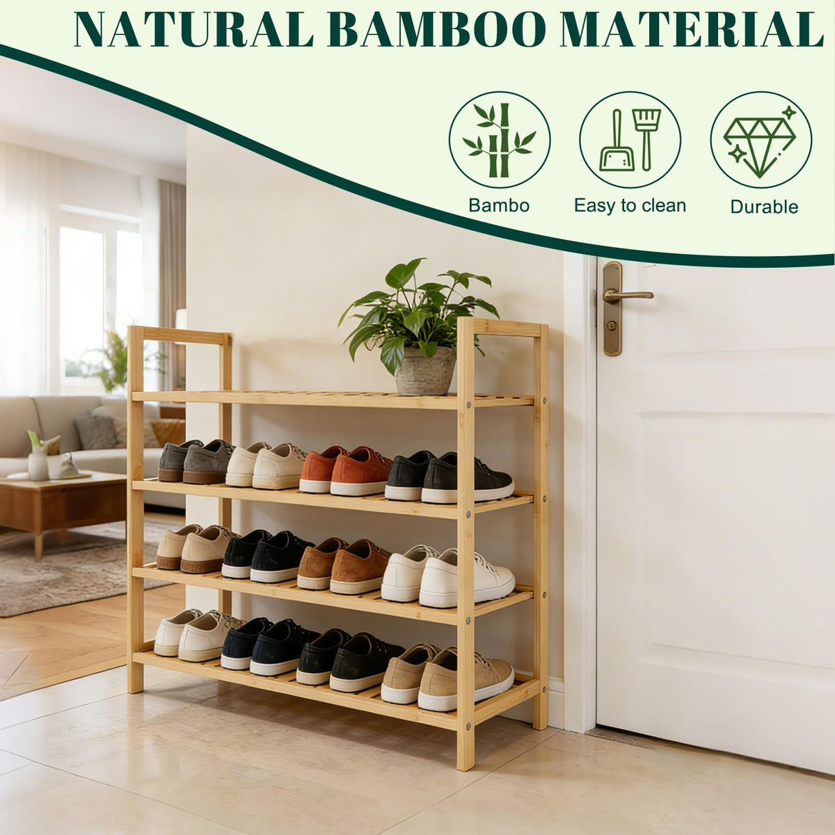 Bambly 4 Tier Bamboo Wooden Shoe Rack for Closet & Entryway, Free Standing Shoe Rack Stand Organizer Shelf for Garage, Bedroom, Small Space Storage, Stackable