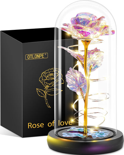 Otlonpe Preserved Forever Valentines Day Flower Gifts for Her, Glass Light Up Rose Gifts for Women Mom Grandma Girlfriend Wife Sister, Valentines Mothers Day Christmas Birthday Womens Gift (Colorful)