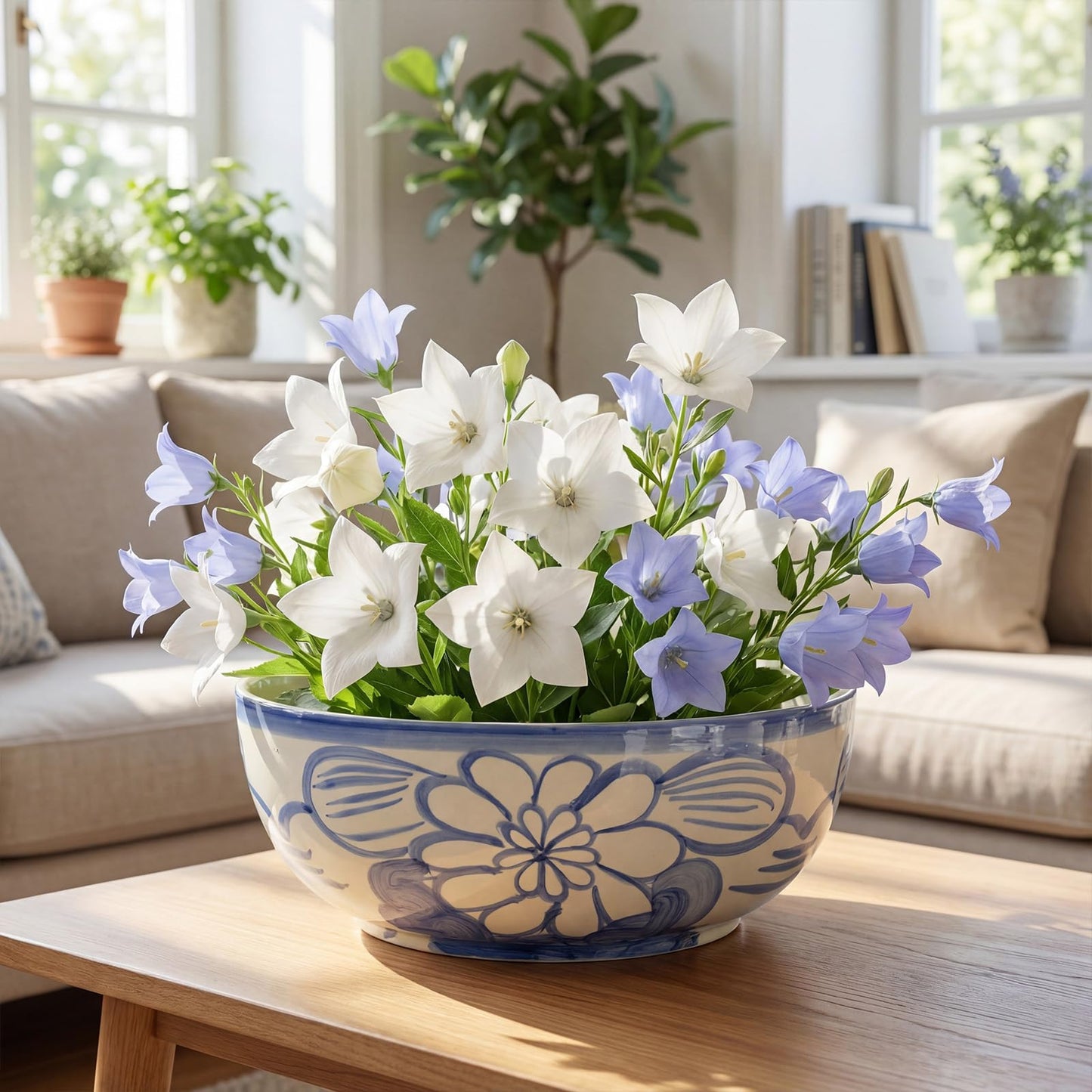 LemonRoad Large Blue and White Bowl Hand Painted Stoneware Decorative Bowls 16" x 7.7'' Floral Chinoiserie Ceramic Planter XL Pottery Porcelain Rice Bowl for Cereal Fruit Serving Kitchen Centerpiece