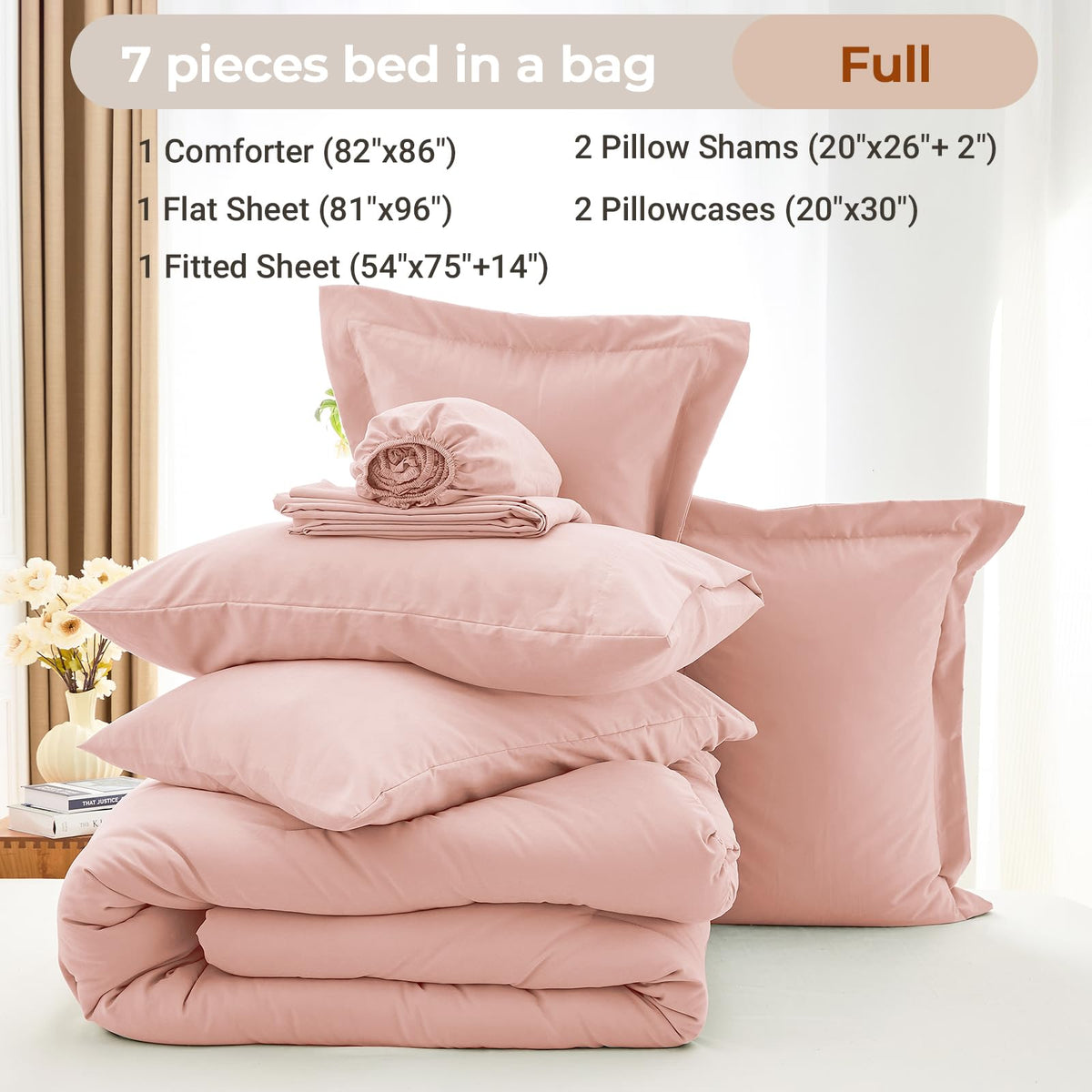 MUXHOMO 7 Pieces Full Comforter Set, Soft Bed in a Bag Full Size, All Season Bedding Set with Comforter, Flat Sheet, Fitted Sheet, Pillowcases & Shams, Rose Gold