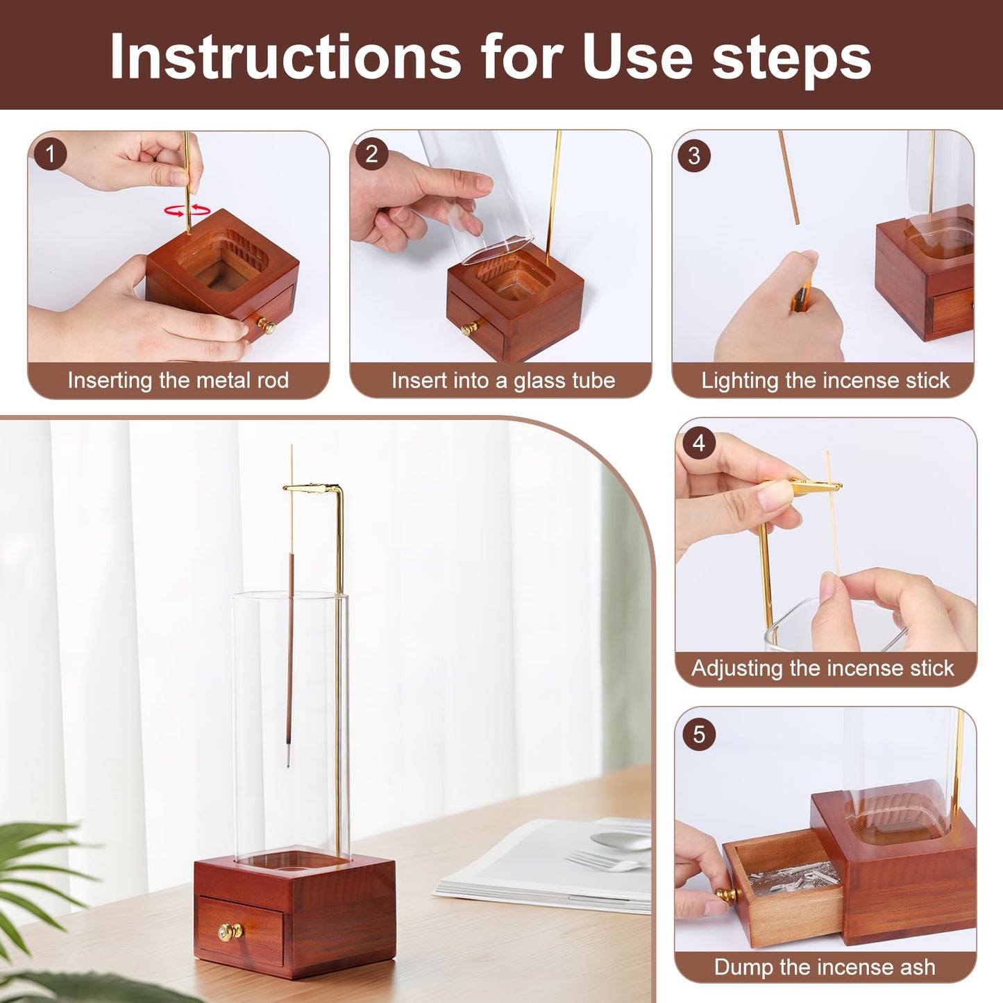 LIGOFLORA Brown Wooden Incense Holder with Easy-Clean Ash Catcher Drawer, Vertical Incense Burner with Windproof Glass Tube & Stainless Steel Base for Meditation, Includes 20 Sticks