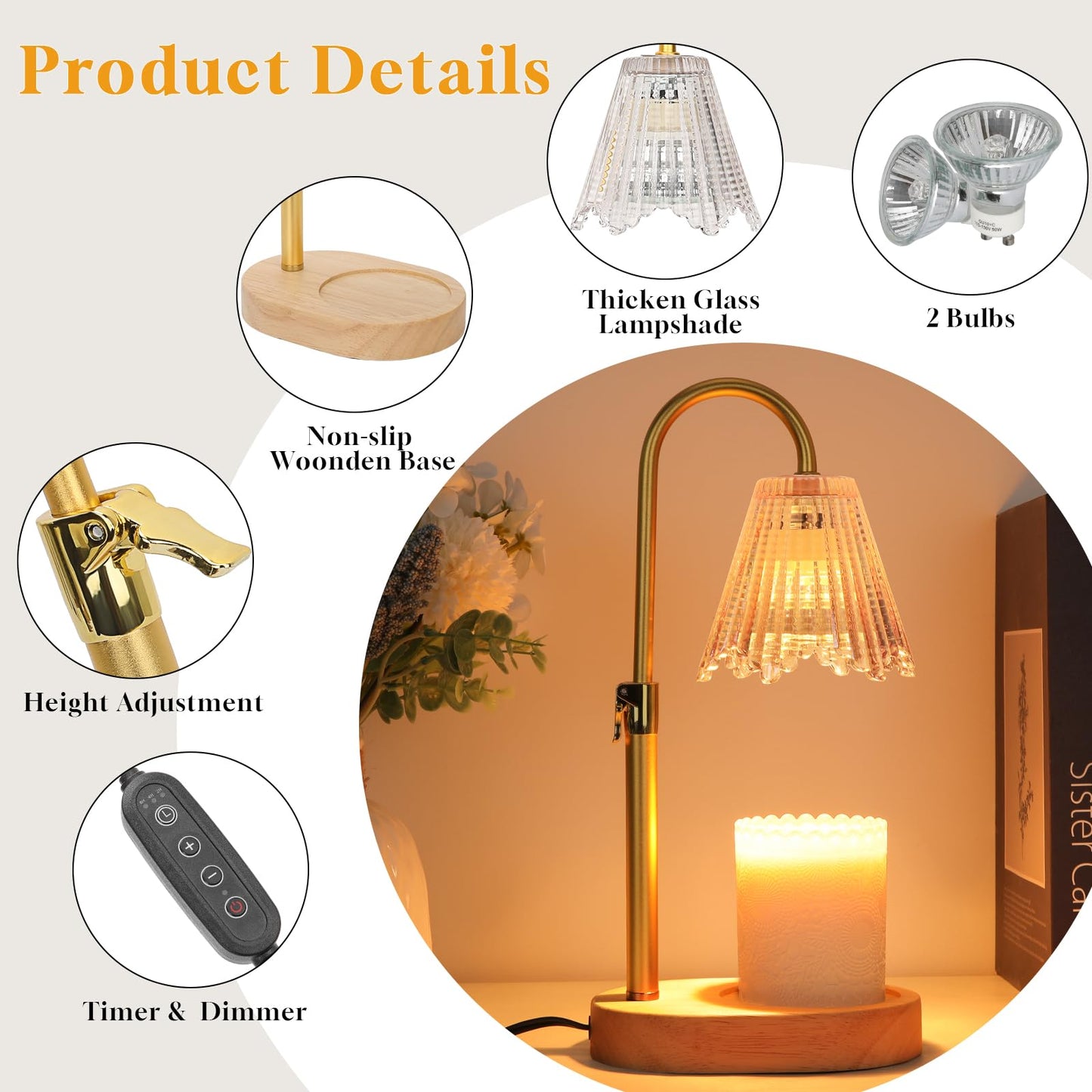 HUAEU Candle Warmer Lamp with Timer, Dimmable Candle Lamp Adjustable Height, Birthday Gifts for Mom Women, House Warming Gifts New Home Decor