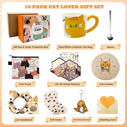 SNAIL GARDEN 10PCS Cat Gifts for Cat Lovers, Cat Gifts for Women with Ceramic Mug, Coaster, Coin Purse, Headband, Keychain, Socks, 3D Miniature Sticker, Cat Mini Box, Greeting Card & Gift Box