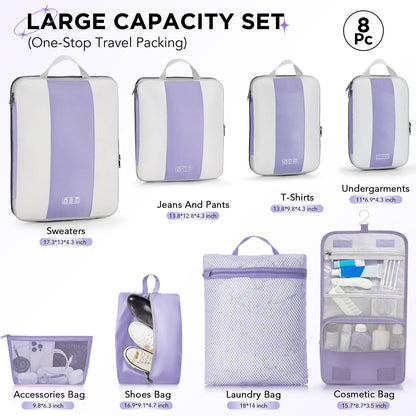 8 Set Compression Packing Cubes for Travel Essentials,Compressible Expandable Packing Cubes for Suitcase,OlarHike Luggage Organizer Bags for Travel,Handy Helper for Organizing Clothes(Purple Gray)