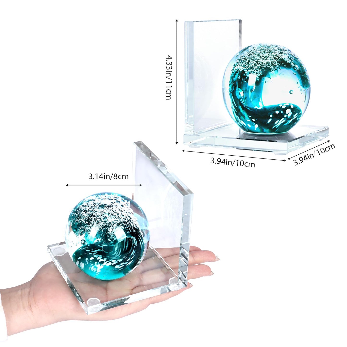 Glass Book Ends Set of 2, L-Shaped Bookends with Sea Wave Ball Design – Non Skid Heavy Duty Decorative Book Stopper for Shelves, Desk, and Home Office
