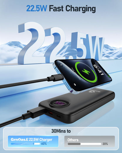 GrnOas.E Power Bank,10000mAh 22.5W Max Portable Charger Built in Cables，4 Outputs 2 Inputs External Phone Powerbank,5V/3A Fast Charging Travel Charger for iPhone Android iPad,(Pearl Black)