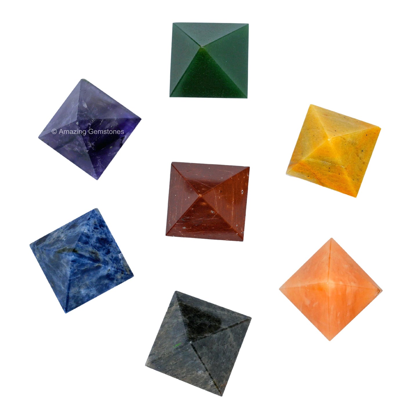 Amazing Gemstone 7 Chakra Pyramid Set for Reiki Healing Crystal with Engraved Reiki Symbols - Energy Balancing Polished Chakra Set with Velvet Pouch