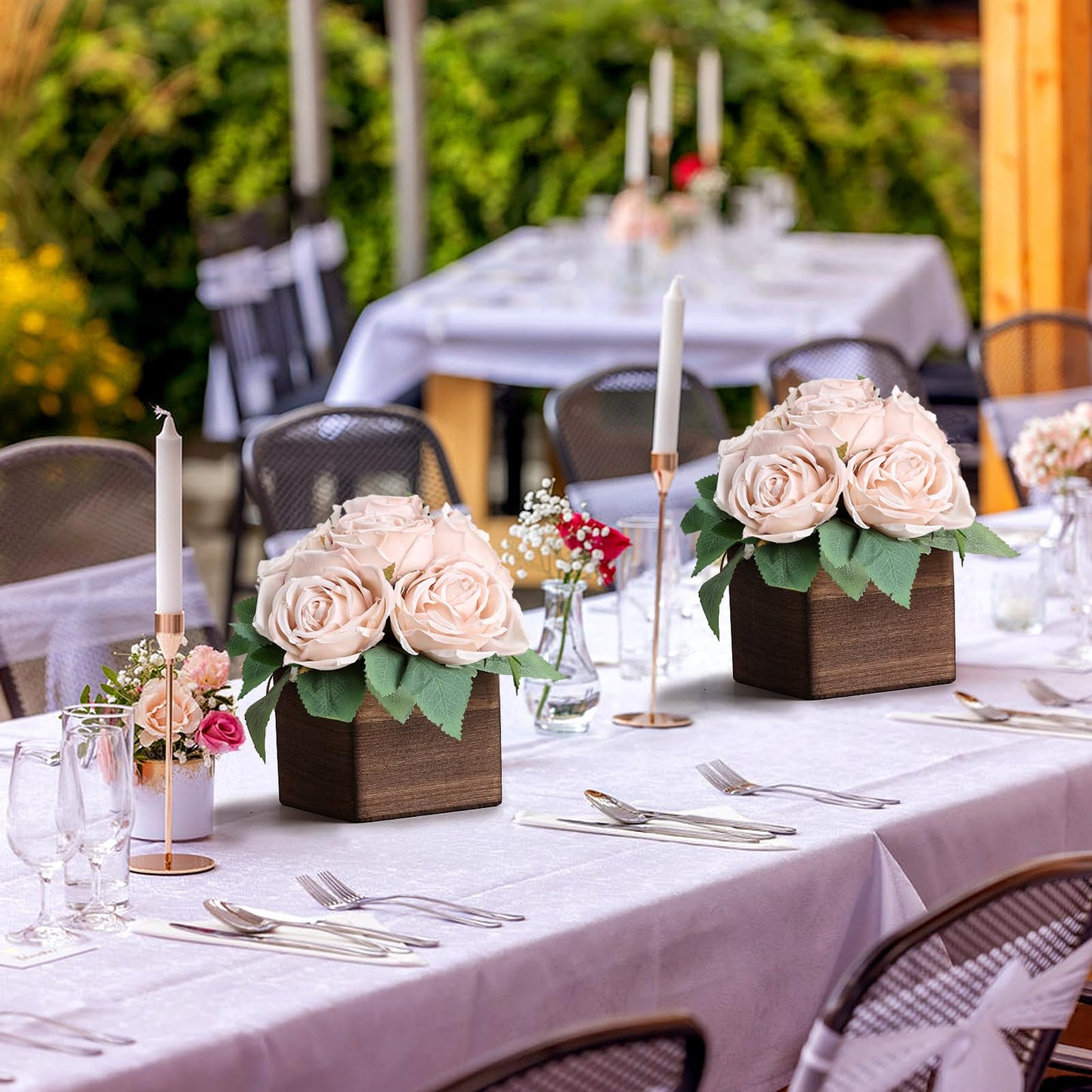 DIYDOFUN Dining Table Centerpiece Set of 6 - Pre-Made Aritifial Rose with Wooden Vase Fake Floral Arrangment Faux Flower for Wedding Bridal Tea Party Event Decorations - Boho