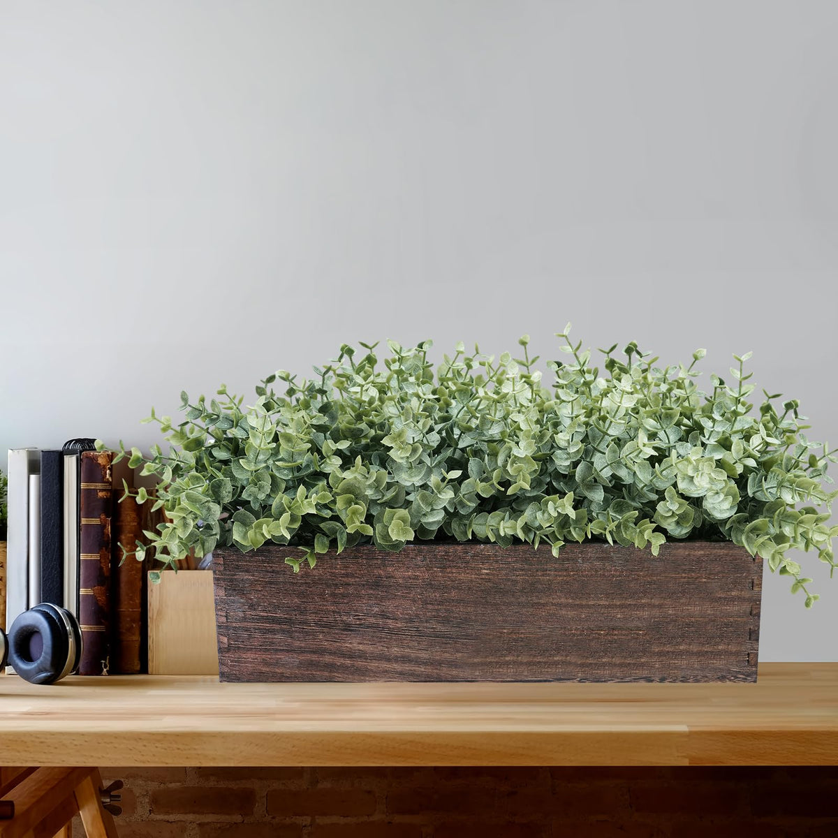 Winlyn 14" Artificial Eucalyptus in Rectangular Wood Planter Box Faux Plants Arrangement Centerpiece Wooden Potted Eucalyptus Plant for Farmhouse Wedding Dining Table Centerpiece Greenery Mantel Décor