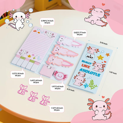 11 in 1 Pink Axolotl Stationery Gifts Set School Supplies for Kids, Kawaii Stationery Kit Axolotl Office Supplies with Pencil Case, Pens & Sticky Notes Set Correction Tape Ruler Utility Knife Cat Clip