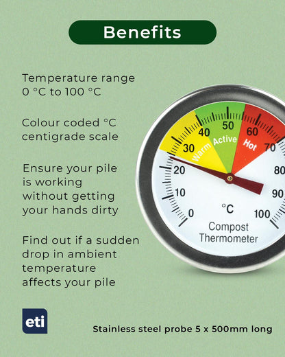 Compost Thermometer - Stainless Steel Probe - Colour Coded Temperature Guide - 50mm Dial and 500mm Stem - Home Gardening Tool