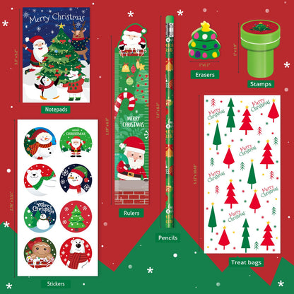BEARUN 168 Pcs Christmas Party Favors Bulk for Kids-24-Pack Christmas Stationery Set for Stocking Stuffers, Christmas-Themed Classroom Gift Exchange School Games Prizes Carnival Events