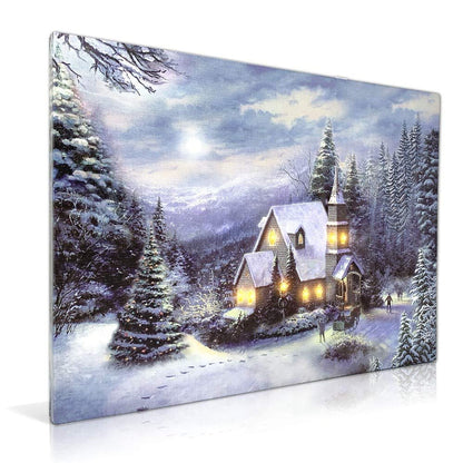 LED Wall Art - Lighted Church Christmas Canvas Print - Light Up LED Winter Woodland Country - Snowy Forest Setting - Measures 11.75" x 15.75"