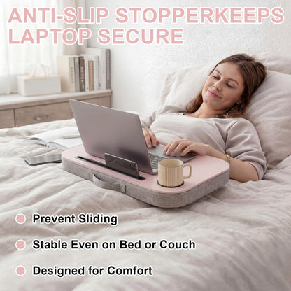 Lewtemi Pink Laptop Lap Desk with Cup Holder and Stopper Padded Phone Holder Couch Bed Sofa Fits up to 15.6 Inch Cushion Portable Lap Desk for Home Office Study Writing