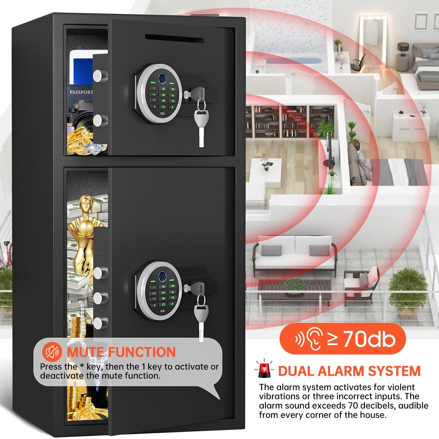 Omethey 6.0 Cuft Extra Large Home Safe Box Fireproof Waterproof, Fingerprint Safe, Home Security Safes Box with Adjustable Shelf & Drop Slot, Money Safes with Backlit Keypad & Dual Alarm for Office