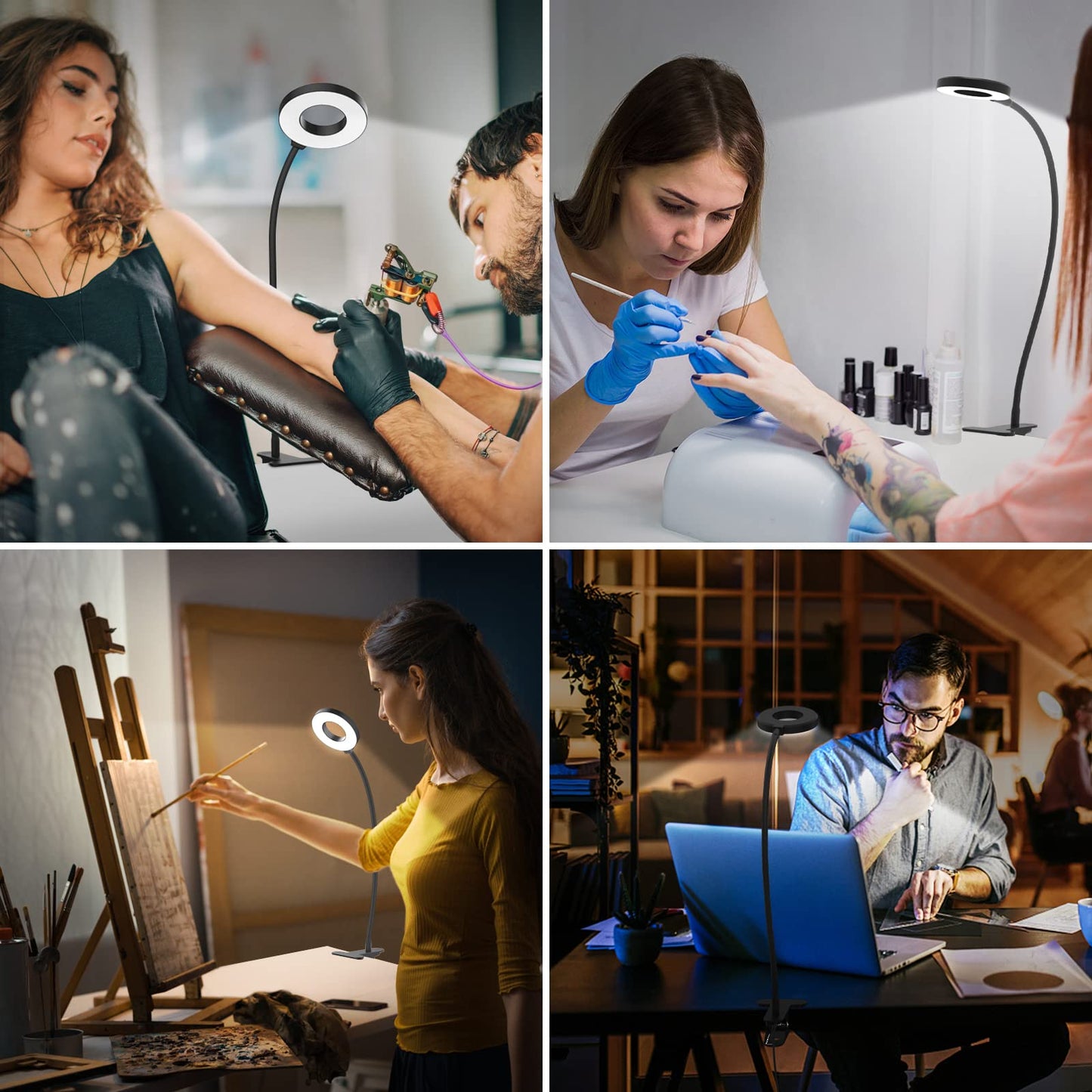 iZELL LED Desk Lamp with USB Adapter【3 Color Modes 10 Brightness】 Eye Caring Clip on Clamp Light, 40cm Flexible Gooseneck Book Ring Light for Gaming/Video Conference/Reading, Clip on Table, Headboard