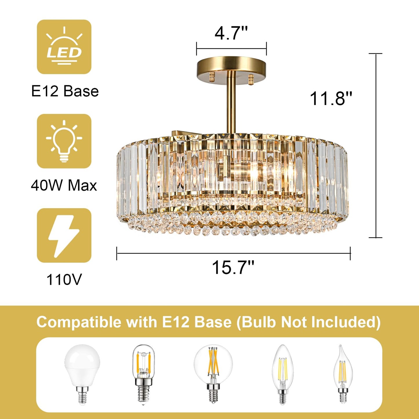 Lingkai 15.8“ Modern Crystal Chandelier Gold Round Semi Flush Mount Ceiling Light Fixture Chandelier for Living Room Dining Room Bedroom Hallway Entryway Kitchen