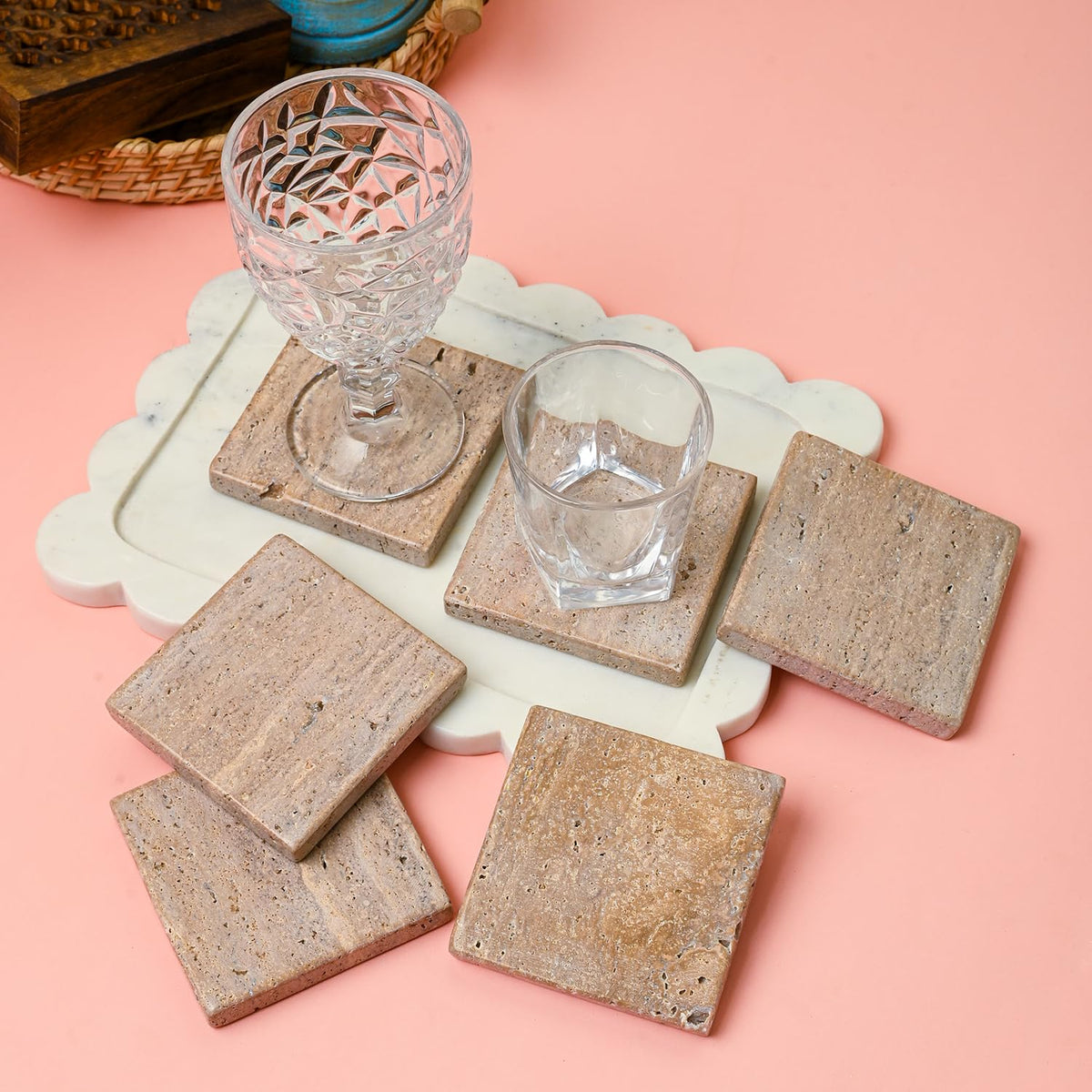 Perilla Home Handcrafted 4-4" Travertine Coaster - Set of 6 Square Coaster for Home, Kitchen or Office, Natural Absorbent Coasters for Hot & Cold Beverages Perfect Table Accessories for Modern Living