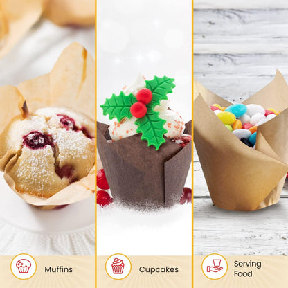 Tulip Cupcake Liners, Muffin Liners for Baking by Baker’s Signature 200pcs of Parchment Paper Cups Cupcake Wrappers – Perfect Size, Sturdy, Greaseproof & Easy to Use – Beige White Brown