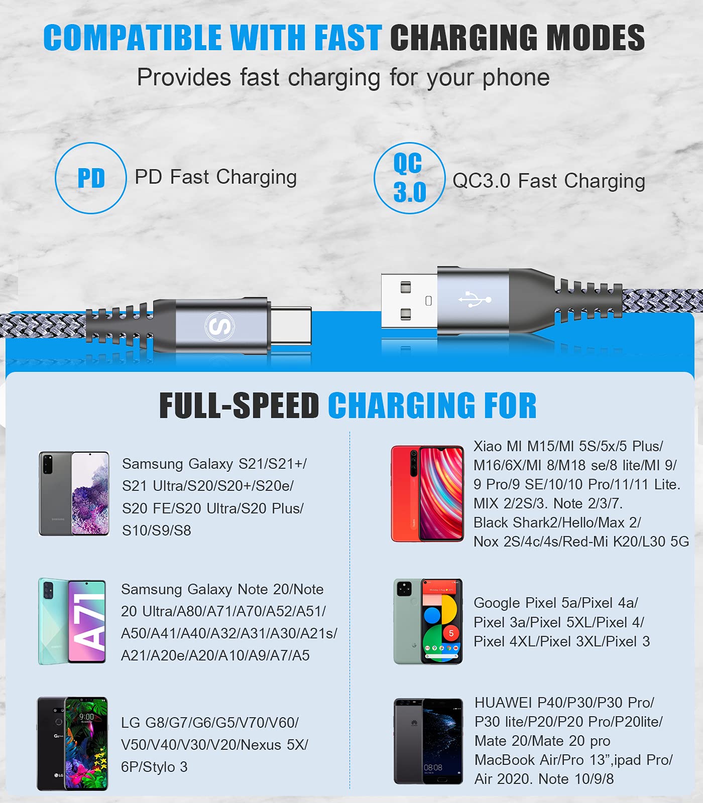 2-Pack 2M USB C Cable 3.1A Fast Car Charger Cable Compatible for iPhone 17 air 16 15 Plus Pro Max, Samsung Flip/Fold 7 6 5 4 3 S25 S24 S10 S20 S21 S22 S23 A16/15/14/13/12 A35/A34 A56/55/54, Pixel