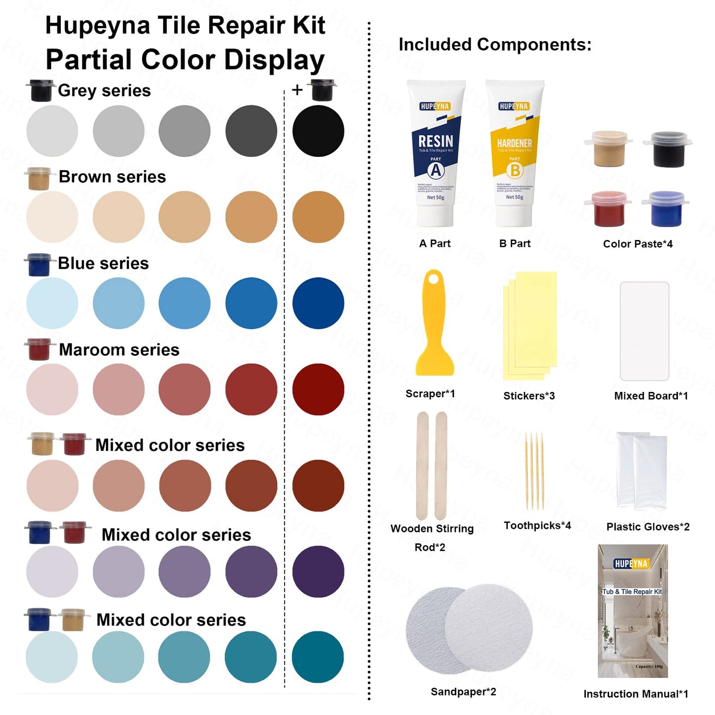 Shower Tray Repair Kit, Hupeyna Tub, Tile and Shower Repair Kit, Bathtub Repair Kit White for Chips Dents Cracks Holes Scratchs, Bath Repair Kit - More Colour Choices Available Marble Repair Kit