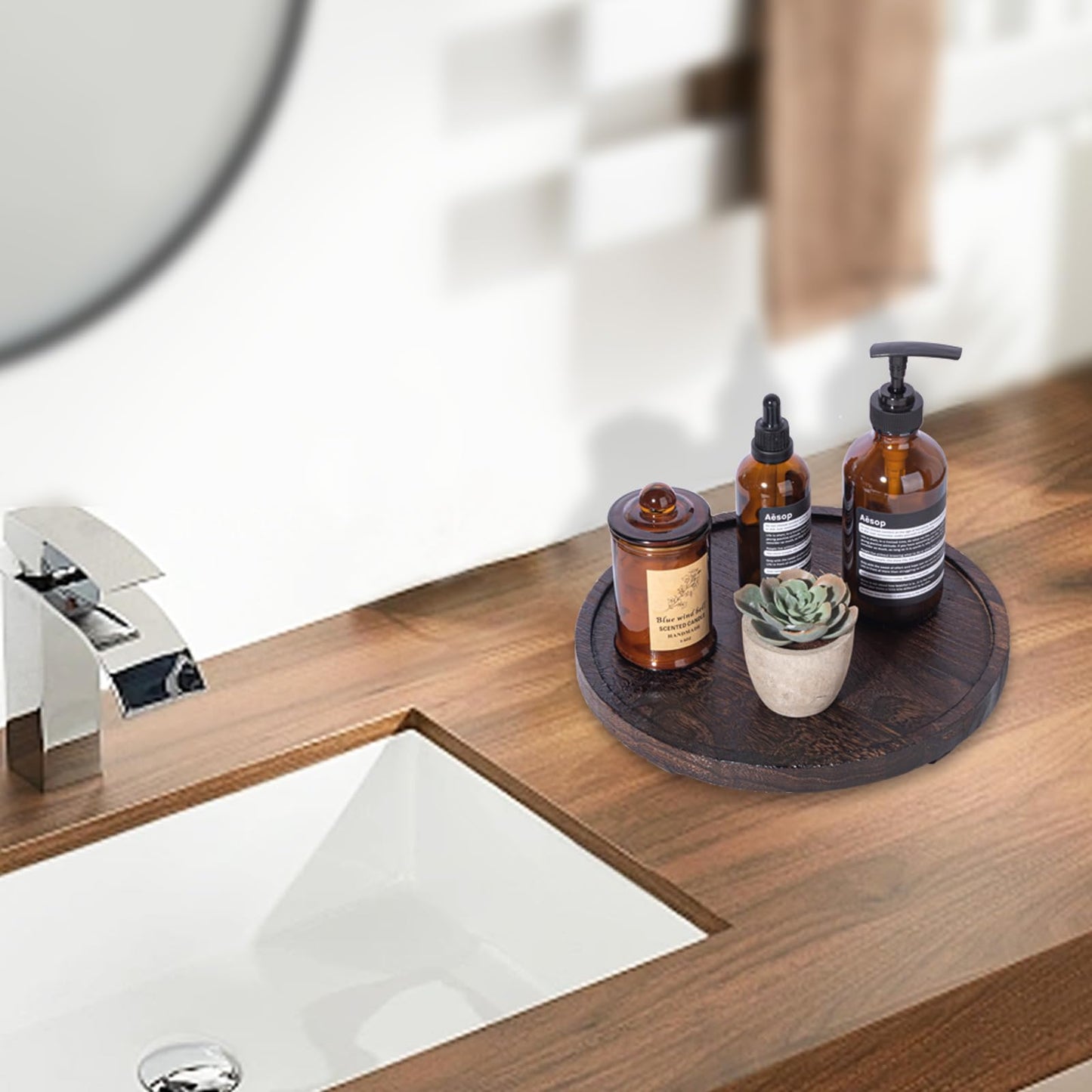 Round Decorative Tray Wood Bathroom Counter Organizer Farmhouse Kitchen Decor Wooden Riser for Soap Dish, Perfume, Candle, Sponge, 10" - Dark Brown