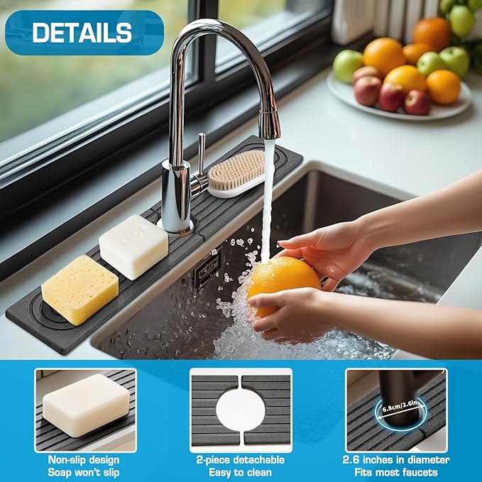 Faucet Mat for Kitchen Sink, Diatomite Quick Drying Tray, Long 23.6'' Kitchen