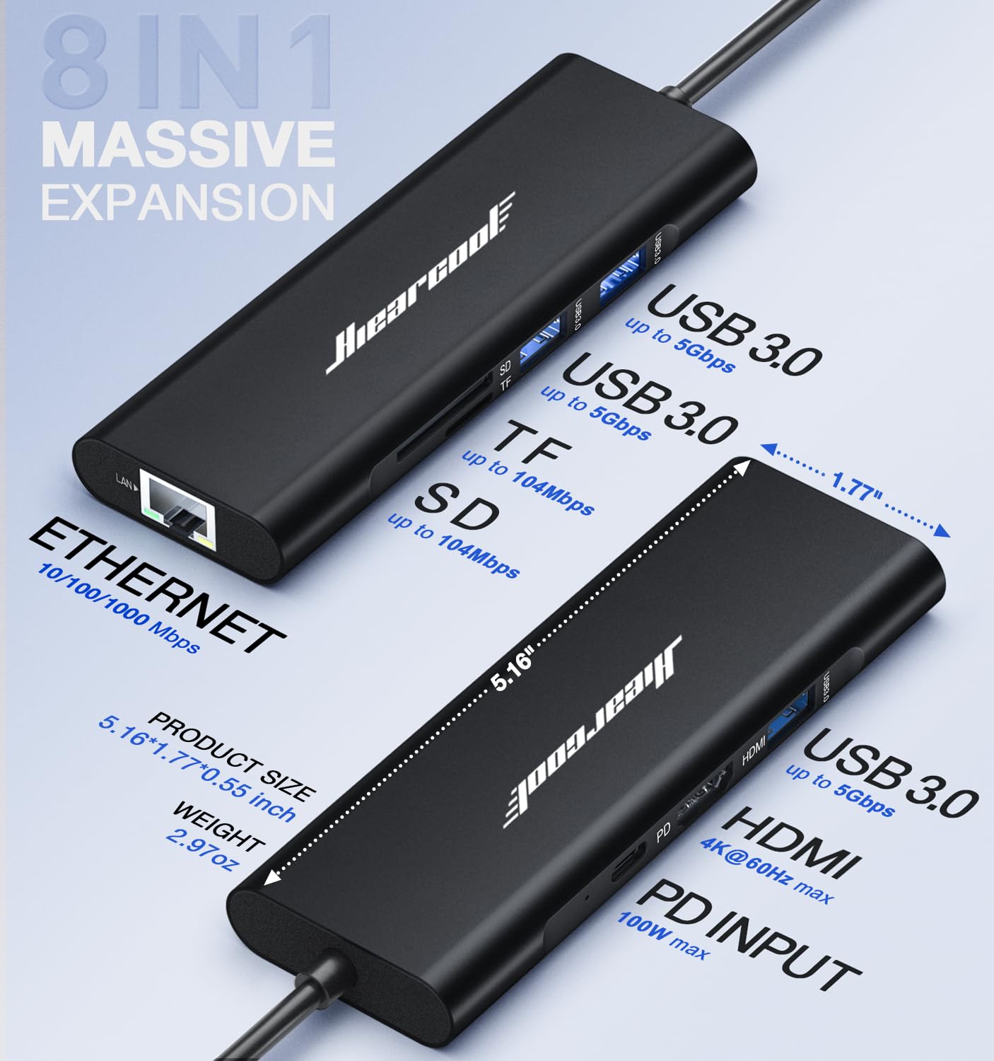 Hiearcool USB C Hub Ethernet,4K@60 USB-C to HDMI Hub,8in1 Multi-Port USBC Adapter Type C Dock Dongle Compatible for MacBook Pro Air iPad Dell Lenovo