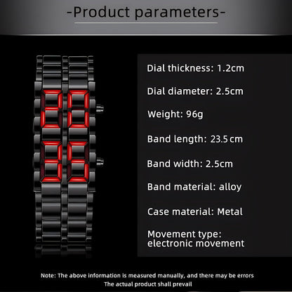 Fashion Full Metal Digital Lava Wrist Watch Men LED Display Watches Gifts for Male Female Sport Creative Watch (Black Red)