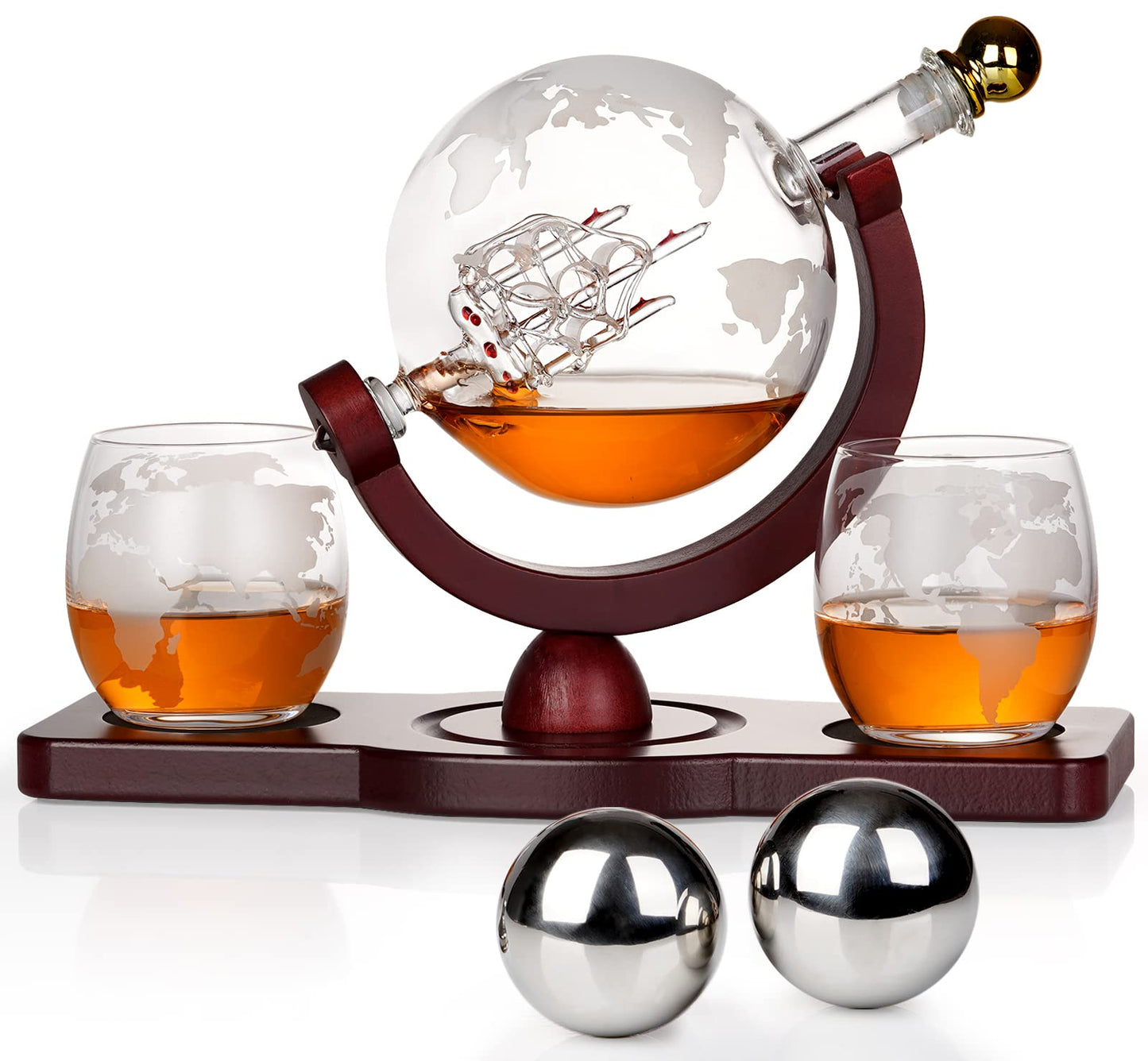 PONPUR Gifts for Men Dad Fathers Day, Whiskey Decanter Globe Set with 2 Ball Stones & 2 Glasses, Anniversary Birthday Gifts for Him Husband Boyfriend Brother, Cool Stuff Gift for Bourbon Scotch